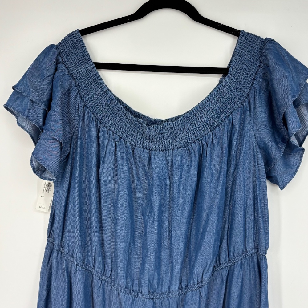 Old Navy Womens XXL Maxi Dress Denim Blue Chambray Off Shoulder Short Sleeves - Picture 6 of 9